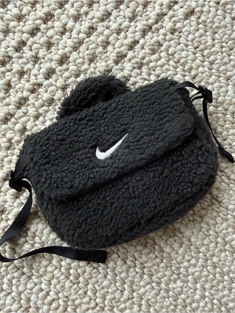 Nike Black Sherpa Crossbody Bag with White Swoosh